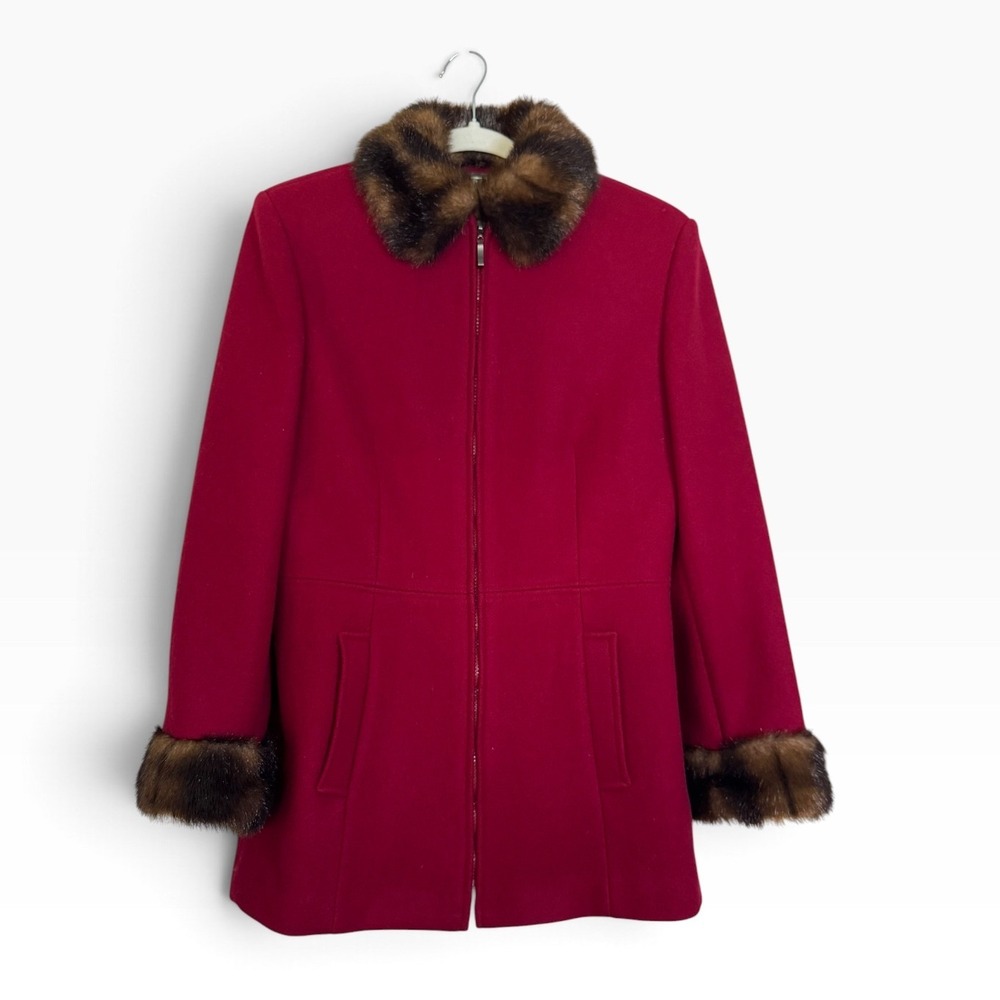 Mario De Pinto Red Wool Blend Faux Fur Trim Zip Up Coat Jacket Made in USA